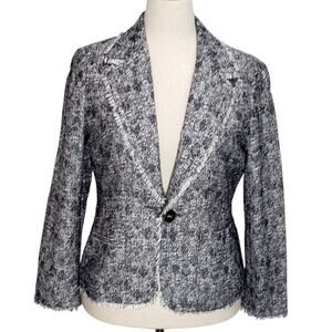 Vintage Talbots Tweed Fringe Blazer 14P Blue Gray Petite Lined Notched Lapel